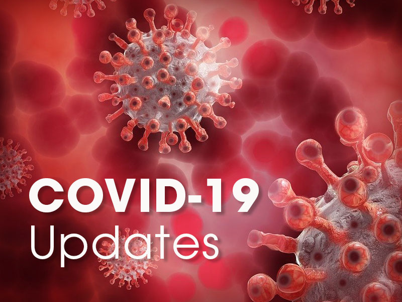 COVID-19 Updates is printed on a red background that shows the molecular structure of a coronavirus.